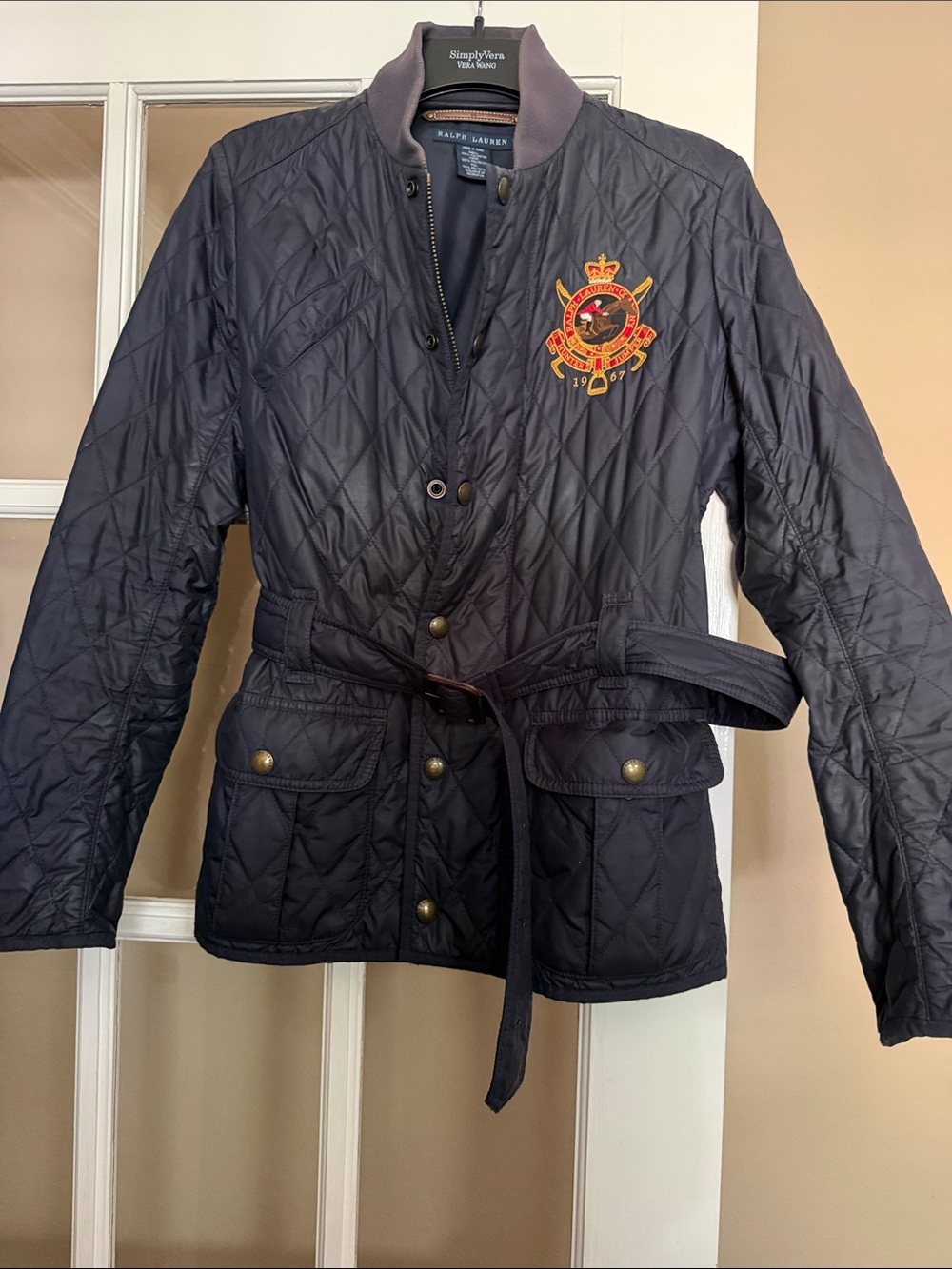 Ralph Lauren Quilted Belted Jacket with leather accents in Navy- Size Medium